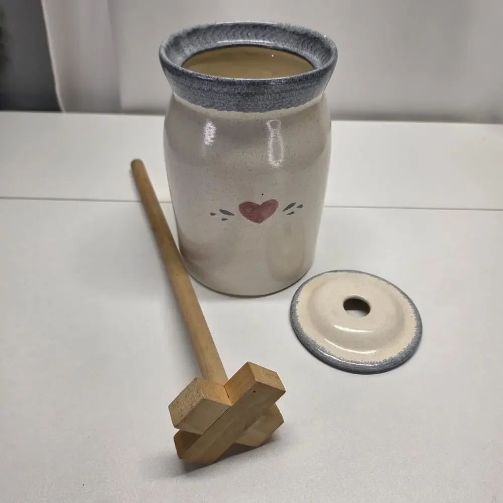 Vintage Stoneware Butter Churn 5 Gallon Crock With Lid And Masher Fruit Decor